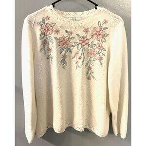 Alfred Dunner Ivory Chenille Floral Sweater Size Medium